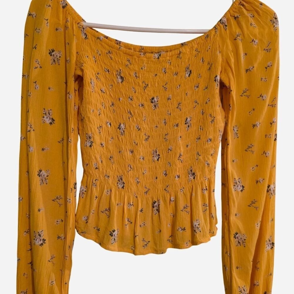 Hollister Deep Yellow Floral Long Sleeve Top Y2K Coquette Soft Girl‎ XS EUC